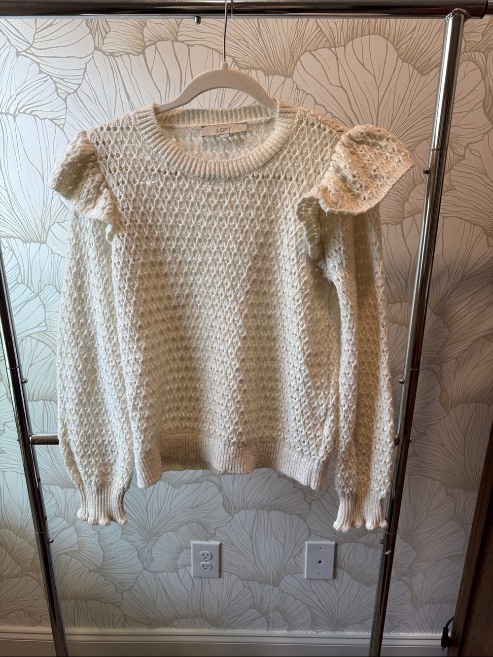 LOFT Cream Ruffle-Shoulder Crewneck Sweater
